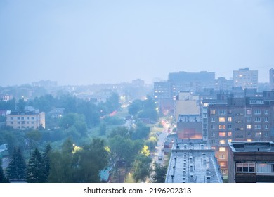 Hazy Smoggy View Of The City Houses And Streets