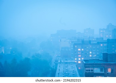 Hazy Smoggy View Of The City Houses And Streets