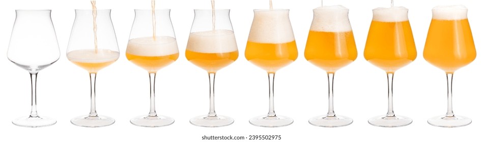 Hazy smoothie sour ale is pouring into tulip-shaped stemmed Tiku glass designed for a craft beer isolated on white background