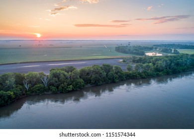 Hazy Sunrise Over The Missouri River At Brownville, Nebraska