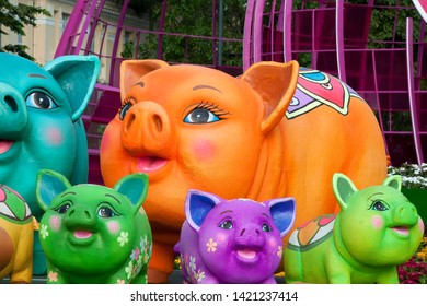 HCMC Vietnam Feb 5 2019, Year of the Pig statues in flower street for Tet Lunar New year festival