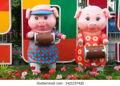 HCMC Vietnam Feb 5 2019, Year of the Pig statues in flower street for Tet lunar new year festival