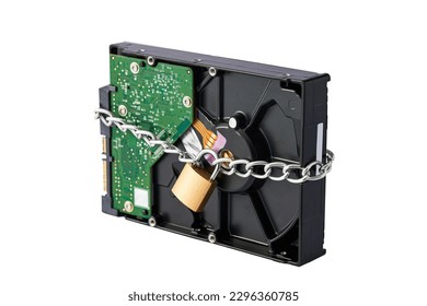 The hdd disk is chained with a closed padlock. Isolated on white background.