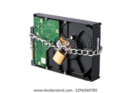 The hdd disk is chained with a closed padlock. Isolated on white background.