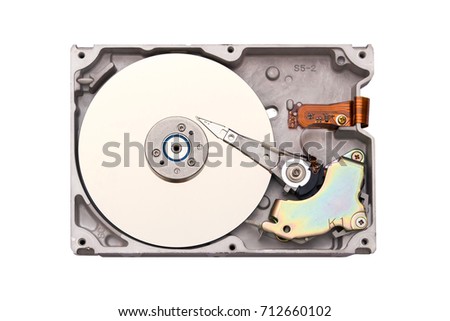 Hdd isolated on white background. Computer chips. Inside of internal Harddrive.