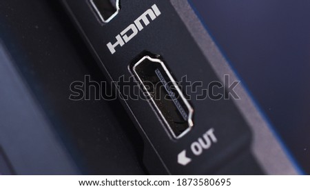 HDMI connector of a device, close up view. Action. Socket for the HDMI cable, concept of electronic technologies. 