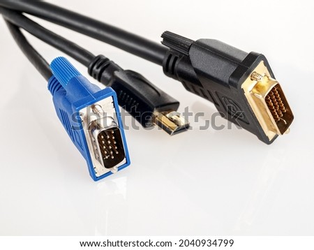 Hdmi, DVI, VGA video cables, connection of screens, monitors, displays, projectors, analog and digital interfaces