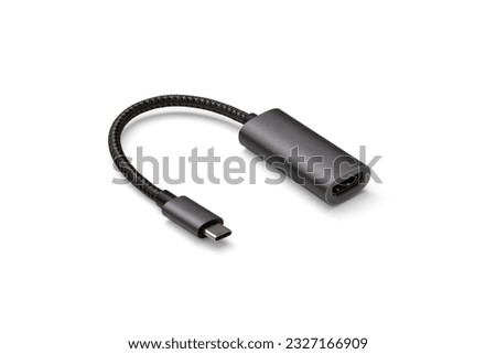 HDMI to USB-C converter Adapter Cable Isolated on white background with shadow braided cable