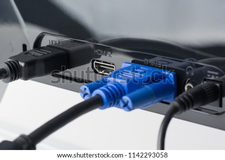 HDMI and VGA cables plugged in the monitor. One more HDMI port is free.
Choise between modern HDMI and old VGA connection