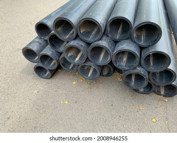 HDPE Water Supply Pipes For Construction In The City, Repair Process Of Urban Water Supply Systems. HDPE Is High Density Polyethylene.