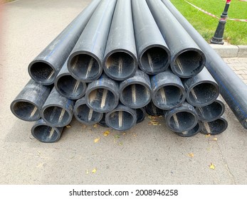 HDPE Water Supply Pipes For Construction In The City, Repair Process Of Urban Water Supply Systems. HDPE Is High Density Polyethylene.