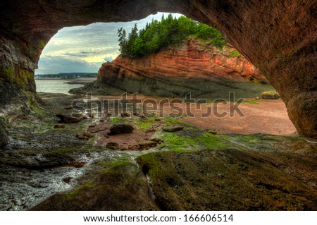 HDR (high dynamic range) image of caves and coastal features at low tide of the Bay of Fundy at St. Martins, New Brunswick, Canada.