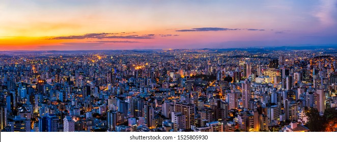 HDR (High Dynamic Range) And High Quality Panorama Of A Scenic Colorful Landscape Of Belo Horizonte City, Minas Gerais State, Brazil, During Dusk And With City Lights On From The Buildings