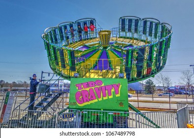 HDR Image, Carnival Arcade Zero Gravity Fast Spinning Thrill Ride Fun, Revere, Massachusetts USA - March 31, 2018