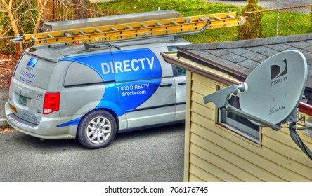 HDR Image, DirecTv Installation Satellite Dish Antenna, Company Service Truck - Revere, Massachusetts USA - September 29, 2015