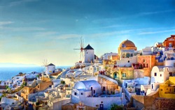 HDR Image From The Famous View Over The Village Of Oia At The Island Santorini, Greece