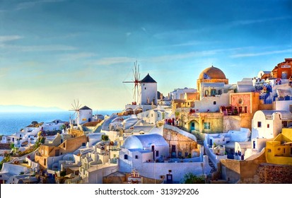 HDR image from the famous view over the village of Oia at the Island Santorini, Greece