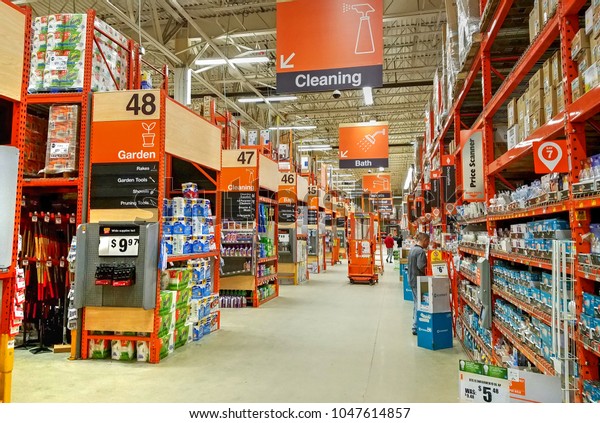 HDR image, Home\
Depot store department section aisles - Saugus, Massachusetts USA -\
February 20, 2018