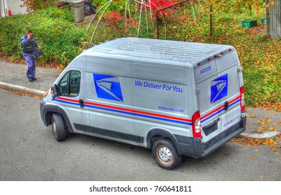 HDR Image, Letter Carrier Mail Truck Neighborhood Street - Revere, Massachusetts USA - November 7, 2017