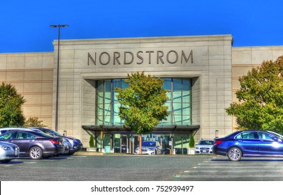 HDR Image, Nordstrom Retailer Storefront Entrance, Car Parking Lot - Peabody, Massachusetts USA - October 18, 2017