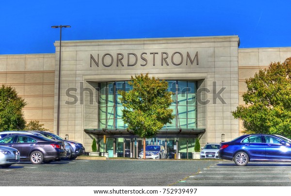 HDR image,\
Nordstrom retailer storefront entrance, car parking lot - Peabody,\
Massachusetts USA - October 18,\
2017
