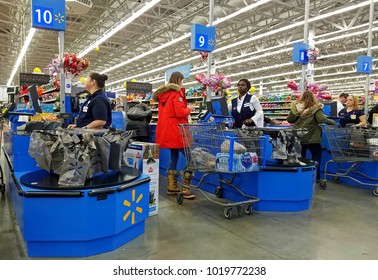 HDR image, Walmart customers check out line, cashier counter - Saugus, Massachusetts USA - February 5, 2018