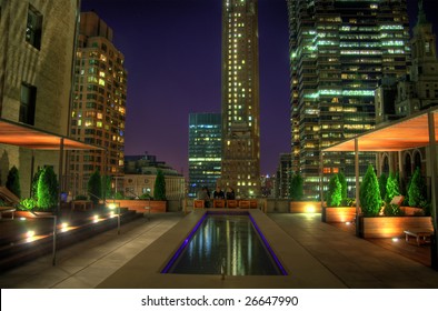 HDR Night Image Of A Rooftop Terrace In The NYC Financial District. Some Chromatic Aberration Is Inevitable With This Kind Of Image.