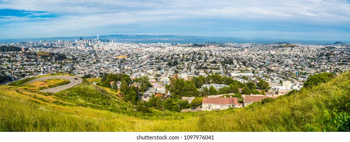HDR Panoramic San Francisco , California , USA Landmark Famous Overlook Of Entire Downtown Skyline Cityscape Of Amazing City View From Twin Peaks , Christmas Tree Point Look Out Wide Angle Pano