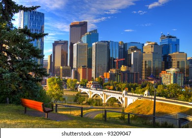 HDR Park bench overlooking Skyscrapers of Calgary, Alberta, Canada