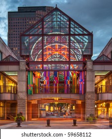 A HDR photo of the entrance to Quincy Market in Boston at sunset