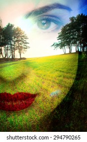 HDR Photo . Spring Rebirth Of Nature. Double Exposure. Portrait Of A Girl