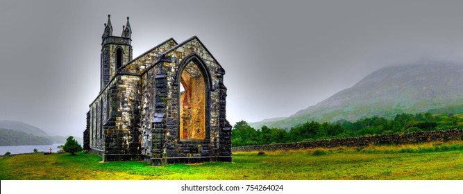 Hdr processing of Dunlewey or Dunlewy church in Co. Donegal. Dún Lúiche Landscape of Ireland.