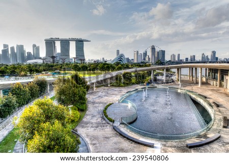 HDR rendering of Singapore's skyline from the Marina Barrage.