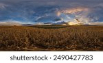 hdri 360 panorama on among farming wheat or rye fields in nasty evening before sunset with dark clouds in equirectangular full seamless spherical projection, for VR AR virtual reality content