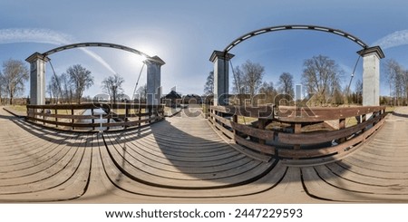 hdri 360 panorama on bridge near gateway lock construction on river, canal for passing vessels at different water levels. Full spherical 360 degrees seamless panorama in equirectangular projection