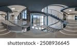 hdri 360 panorama on emergency and evacuation exit stairs in empty modern hall with columns, doors and panoramic windows in office building in spherical equirectangular projection, for AR VR content