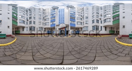 hdri 360 panorama view inside narrow yard of skyscraper house well in full seamless spherical equirectangular projection, ready for VR AR virtual reality content