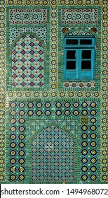 He Blue Mosque In Mazar-i-Sharif, Balkh Province In Afghanistan. Detail Of The Mosque In Mazar I Sharif Showing Colorful Decorative Mosaics And Tiles With Geometric Patterns. Northern Afghanistan.