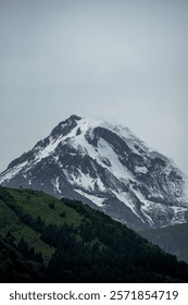 he dramatic contrast between the icy summit and the vibrant greenery below creates a breathtaking and serene landscape. 