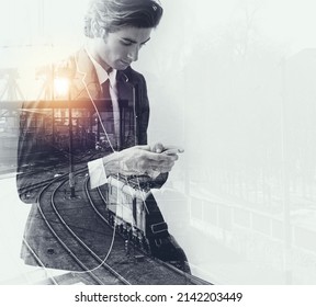 He has all the right connections. Multiple exposure shot of a business man superimposed over a traintrack.