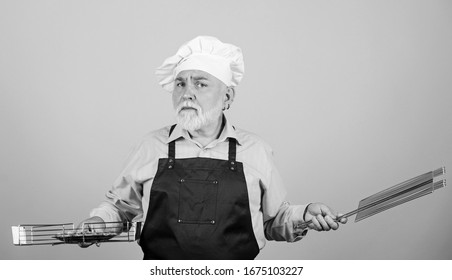 He Prefer Grill Food. Picnic And Barbecue. Kitchen Rules. Prepare Dinner For Family. Family Weekend. Senior Man In Chef Hat. Cook Men With Beard. Cooking Utensils For Barbecue. Looking Perfect.