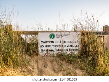 Heacham, Norfolk, UK. March 2022. Environment Agency Sign Prohibiting Vehicles, Horse Riding And Cycling On Heacham Beach Sea Defences, I.e. Sand Dunes, On The North Norfolk Coast