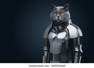 The Head Of An Animal On A Human Body, The Head Of A Cat In Knightly Armor. Modern Design, Magazine Style.