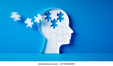 Head and brain diseases concept - missing pieces flying of the brain puzzle on blue background with copy space