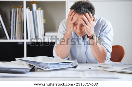 Head, business and man with stress, tired and fatigue with a new project, documents and chaos. Male person, employee and architect with mental health issue, depression and migraine with paperwork