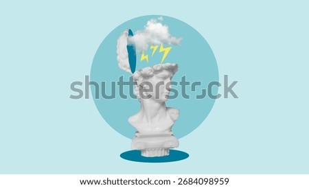 The head and cloud with lightning in a blue background symbolizing headache, depression, anger, bad mood and mental disorders