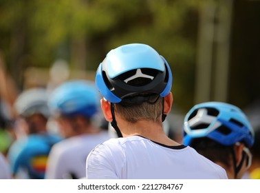 Head Of A Cyclist With Protective Helmet At The Start Of A Cycling Race