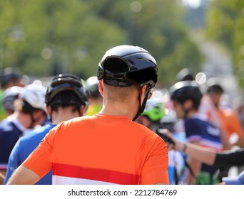 Head Of A Cyclist With Protective Helmet At The Start Of A Cycling Race