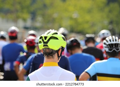 Head Of A Cyclist With Protective Helmet At The Start Of A Cycling Race