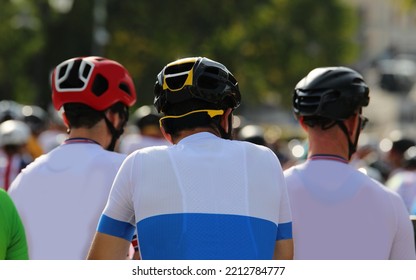 Head Of A Cyclist With Protective Helmet At The Start Of A Cycling Race